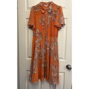 Nanette Lepore Dress Womens 14 Orange Floral Button Up Short Sleeve Boho Retro